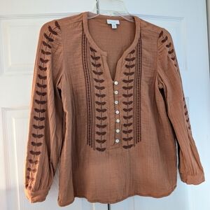 Pure Jill J. Jill Burnt Orange Embroidered Cotton Blouse | S P | Cottagecore